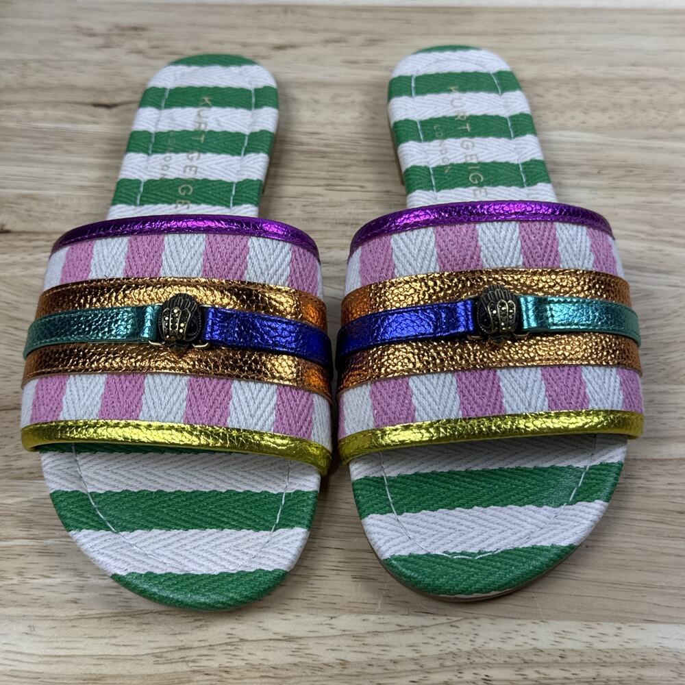 Kurt Geiger London Women's Southbank Fabric Stripe Flat Sandals Green Comb Sz 6 - Picture 5 of 12